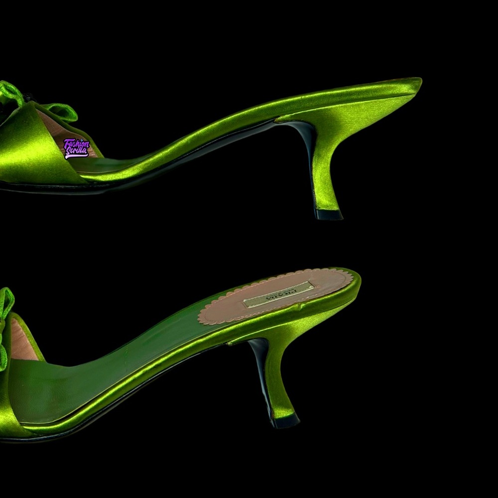 Prada Archive Poison Apple Silk Green Beaded Apliqué Bow 2000s Kitten Heel Mules - Picture 4 of 8